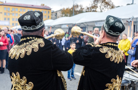 Samara, Russia - October 5, 2019: Uzbek ethnic musicians playing on traditional musical folk...