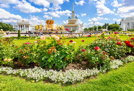 Moscow, Russia - July 8, 2019: Roses flowers against the background fountain "Friendship of peoples" and main building of the All-Russian exhibition center (VDNKH)のeditorial素材