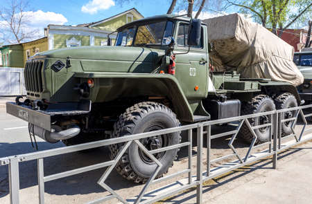 Samara, Russia - May 4, 2019: BM-21 Grad 122-mm Multiple Rocket Launcher on Ural-375D chassis at the city streetのeditorial素材