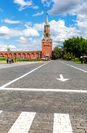 Moscow, Russia - July 9, 2019: View of the Spasskaya Tower from the Moscow Kremlin. Moscow...