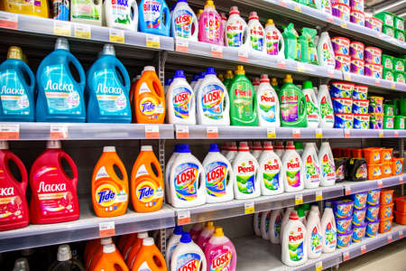 Samara, Russia - November 23, 2019: Different washing powder on the shelf ready for sale at the storeのeditorial素材
