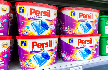 Samara, Russia - November 23, 2019: Persil duo-caps washing powder on the shelf ready for sale at...
