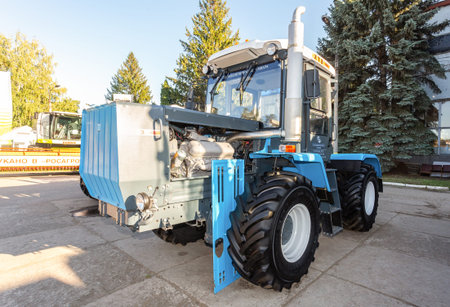 Samara, Russia - September 23, 2017: New modern agricultural wheeled tractor KhTZ 150K