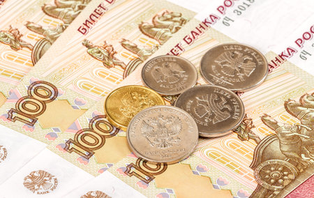 Russian money: banknotes and coins close up