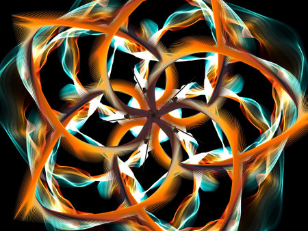 Abstract fractal colorful pattern over black background. Glowing neon patternの写真素材