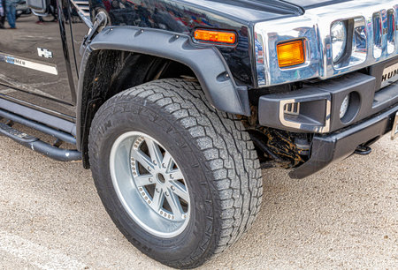 Samara, Russia - May 18, 2019: Close up view of Hummer vehicle wheel with tire on light alloy disc