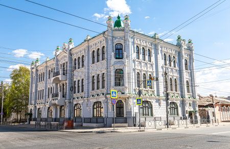 Samara, Russia - May 1, 2019: Historic stone building with architectural decorations (1904)のeditorial素材