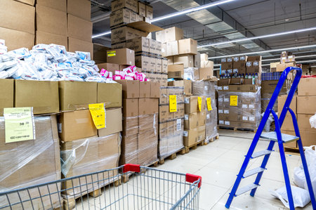 Samara, Russia - October 30, 2020: Interior of the retail discounter Svetofor. One of retail warehouse store in russia, selling food, furniture and housewaresのeditorial素材