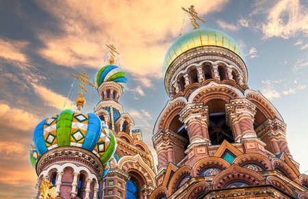 Colorful domes of Church of the Savior on Spilled Blood in Saint Petersburg, Russiaの写真素材