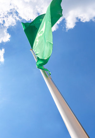 Green flag waving on the blue sky background