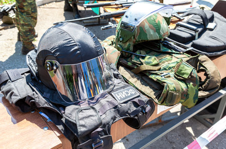 Samara, Russia - May 28, 2016: Helmet of the russian Special Forces with protective glass