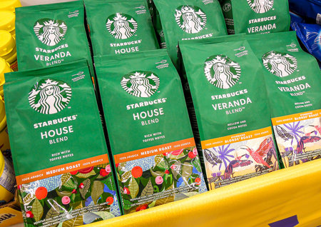 Samara, Russia - March 31, 2021: Starbucks coffee ready for sale on the shelf in superstore