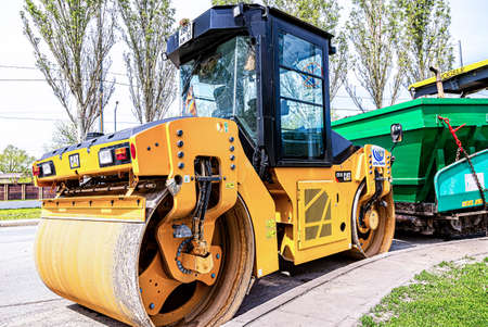 Samara, Russia - May 10, 2021: Heavy road rollers working on the construction of new road. Industry of roadwork repairのeditorial素材