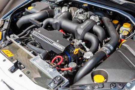 Samara, Russia - May 15, 2021: Tuned car engine of Subaru vehicle, under the hood of a vehicle