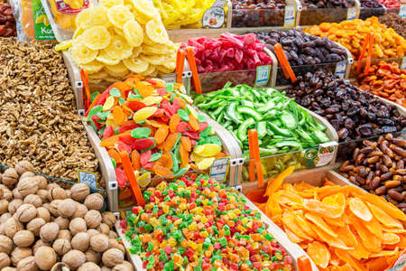 Samara, Russia - May 25, 2021: Selling nuts, candied and dried fruits at the farmers marketのeditorial素材