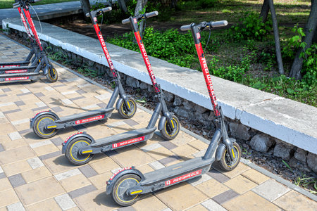 Samara, Russia - June 1, 2021: Electric scooters for rental at the city street. Improve sustainable mobility in the cityのeditorial素材
