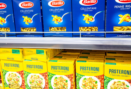 Samara, Russia - June 1, 2021: Packaged Italian pasta Barilla and Pasteroni on a shelf in a superstoreのeditorial素材