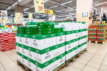 Samara, Russia - June 6, 2021: White paper for office equipment SvetoCopy in boxes a sold in the...