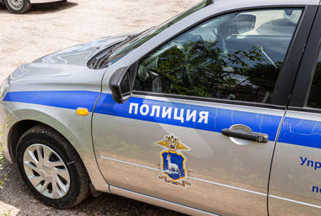 Samara, Russia - June 2, 2021: Russian police patrol cars of the State Automobile Inspectorate parked on the city street in summer dayのeditorial素材