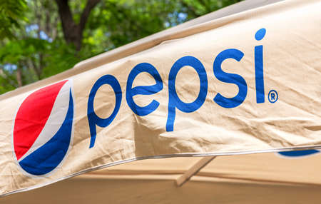 Samara, Russia - June 6, 2021: Pepsi logo and signage. Brand of carbonated soft drink by the American company PepsiCoのeditorial素材