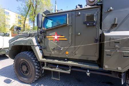 Samara, Russia - May 6, 2021: Protected ambulance tactical link "Linza" (medical transporter) on the basis of the truck KAMAZ-53949のeditorial素材