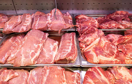 Fresh raw chopped meat ready for sale in local farmers marketの写真素材