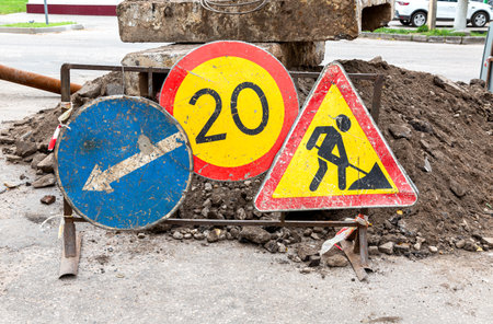Road works traffic sign at the city street. Road under constructionの写真素材