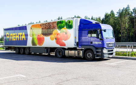 Moscow, Russia - July 6, 2021: Grocery Lenta store freight delivery truck on a highwayのeditorial素材