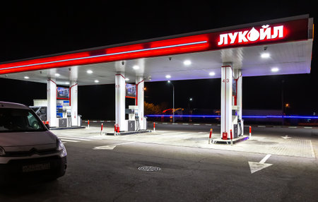 Moscow, Russia - September 17, 2021: Lukoil gas station in the night. Lukoil is one of the largest russian oil companiesのeditorial素材