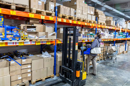 Samara, Russia - October 9, 2021: Interior of the retail discounter Mayak. One of retail warehouse store in Russia, selling food, furniture and housewaresのeditorial素材