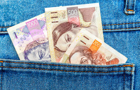 Czech koruna banknotes sticking out of the blue jeans pocketの写真素材