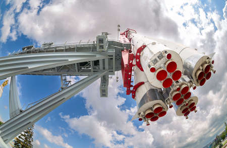 Moscow, Russia - July 8, 2019: Layout launch vehicle "East" on the territory of the All-Russian exhibition center (VDNKH). Nozzles of rocket enginesのeditorial素材