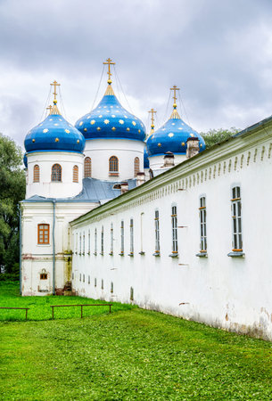 Blue domes with stars of the Orthodox Holy Cross Cathedral (1763) at the St. George's (Yuriev) Male...