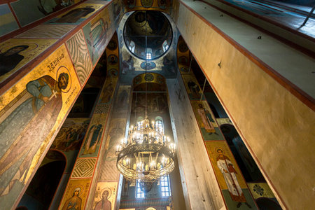 Veliky Novgorod, Russia - August 30, 2021: Interior of the Russian orthodox St. George Cathedral in...