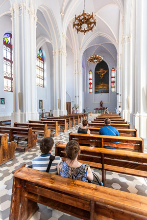 Samara, Russia - June 12, 2019: Interior of Roman Catholic parish of the sacred Heart of Jesus