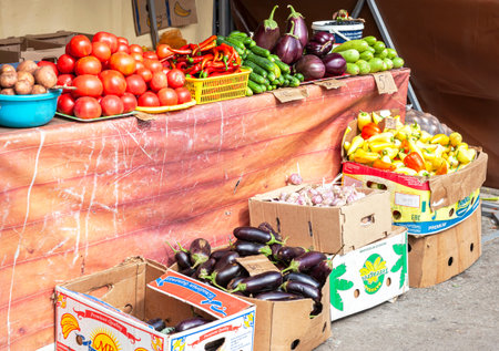 Samara, Russia - August 29, 2019: Various fresh organic vegetables selling at farmers market