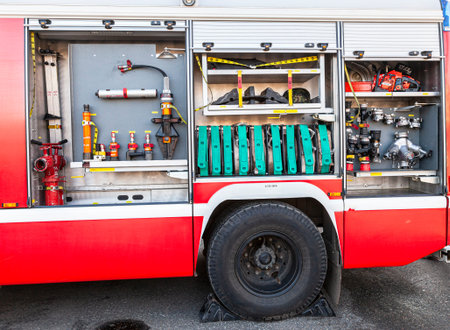 Samara, Russia - May 7, 2019: Equipment for fire extinguisher. Fire and rescue equipment in a fire...