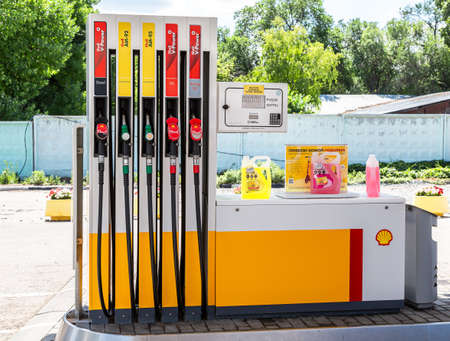 Samara, Russia - July 4, 2021: Filling column with different fuels at the Shell gas station. Shell V-power fuel stationのeditorial素材