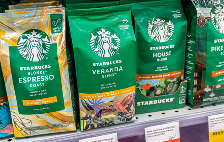 Samara, Russia - October 10, 2021: Starbucks coffee for sale on the shelf in a superstore