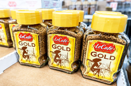 Samara, Russia - March 20, 2022: Le Cafe Gold coffee in glass jars on a store shelf