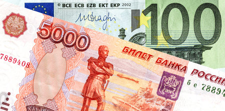 Russian rouble banknote and european euro banknote for trade and economic concept, stock market of...