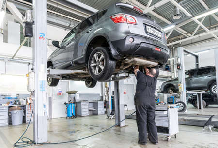 Samara, Russia - April 28, 2022: Nissan Qashqai vehicle at the auto repair service station of the official dealerのeditorial素材