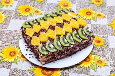 Homemade delicious sweet cake with fruits on a table