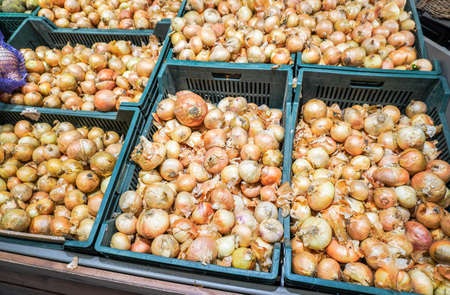 Fresh organic onion in a plastic box at the superstoreの写真素材