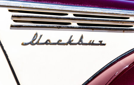 Samara, Russia - May 8, 2022: Close up of a vintage soviet Moskvich logo on the retro carのeditorial素材