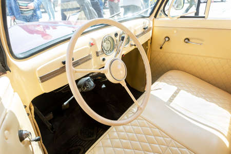 Samara, Russia - May 8, 2022: Interior design of vintage soviet Moskvich-401 classic carのeditorial素材