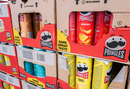 Samara, Russia - May 14, 2022: Pringles crisp snacks, variety of flavors at the hypermarket....