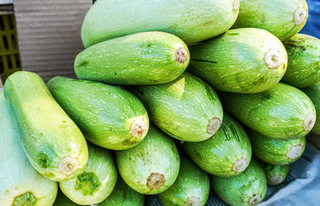 Fresh organic zucchini ready for sale at the farmer market close upの写真素材