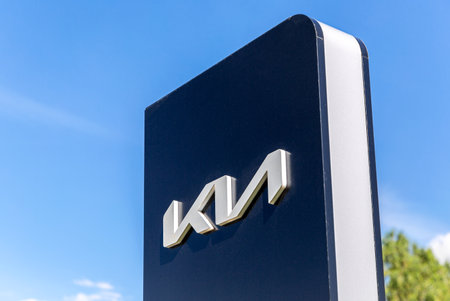 Samara, Russia - June 18, 2022: KIA Motors dealership logo. Kia Motors is South Korea's automobile manufacturerのeditorial素材