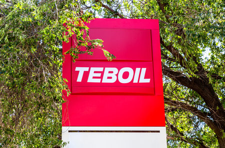 Samara, Russia - June 27, 2022: Guide sign, indicated the price of the fuel on the Teboil gas station. Prices on the Teboil fuel station. Teboil is a subsidiary of the Russian company Lukoilのeditorial素材